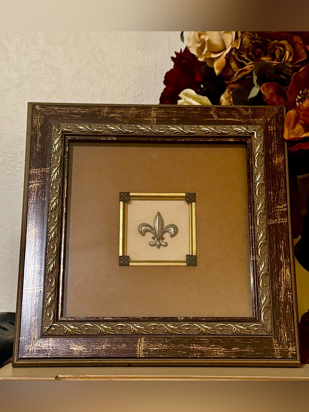 Fleur-De-Lis With Crystals Framed Picture 13x13 Free Standing or Hang on Wall